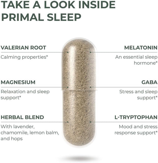 Primal Sleep Support Supplement, 60 Capsules with Valerian Root, L-Tryptophan, GABA, Chamomile, and Melatonin by Primal Harvest