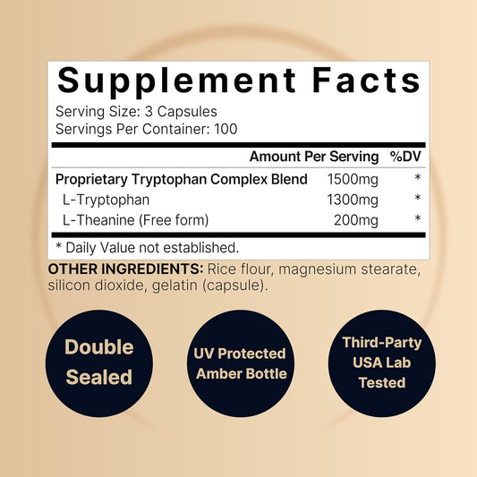 L-Tryptophan 1300 mg with 200 mg L-Theanine, 300 capsules by NatureBell